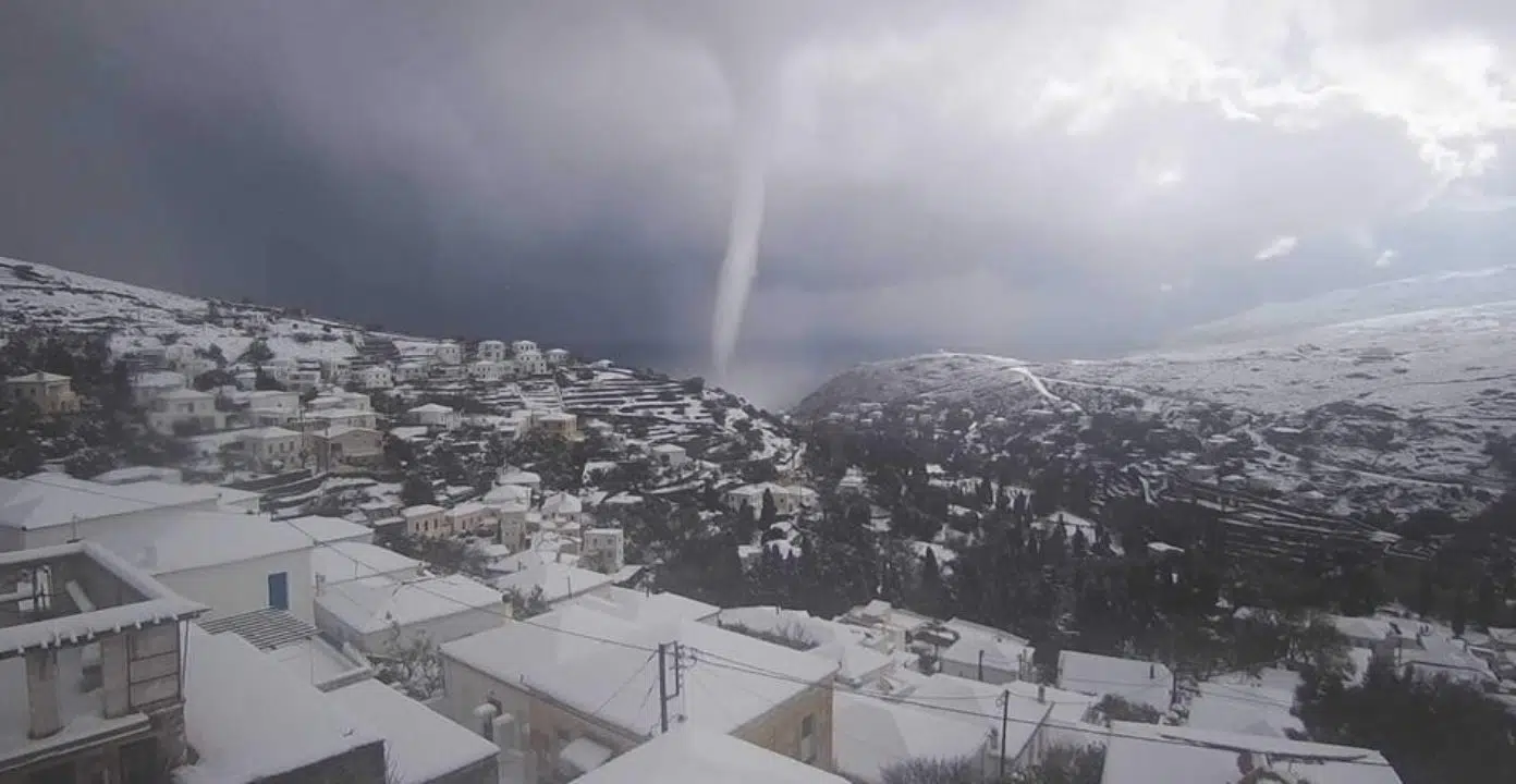 A tornado is seen hitting the Greek island of Andros. Credit: Meteology.gr
