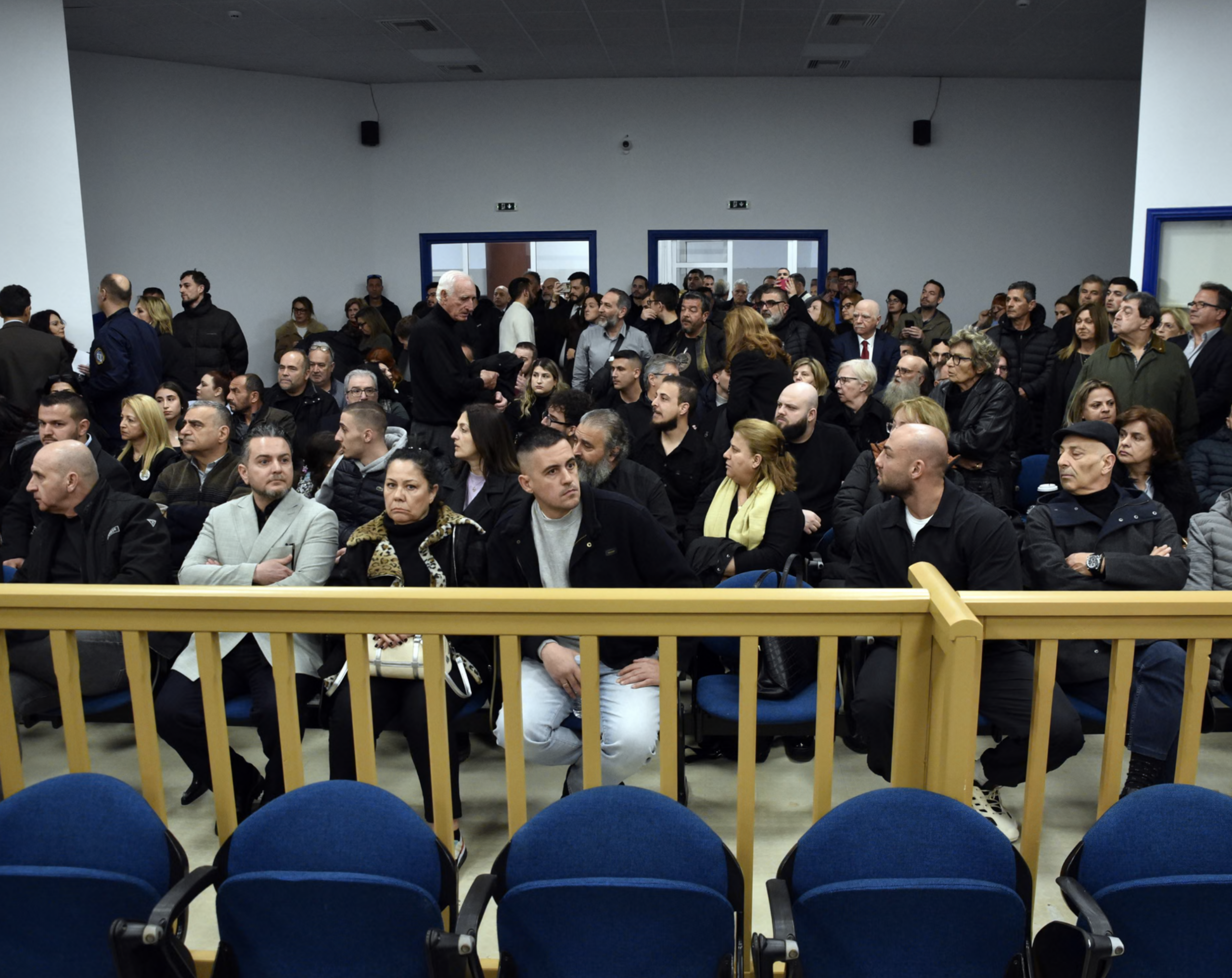 Relatives of victims at the specially adapted courtroom in Larissa, Greece, on Monday. Photograph: Apostolis Domalis/EPA
